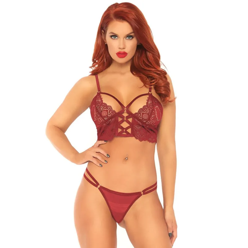 2 Pc Lace Bralette With Cage Strap O-Ring Bodice G-String - Burgandy - Medium/ Large