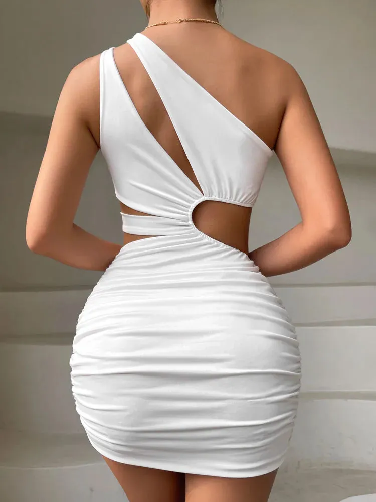 2024 Summer White One Shoulder Mini Dress Cut Out Bodycon