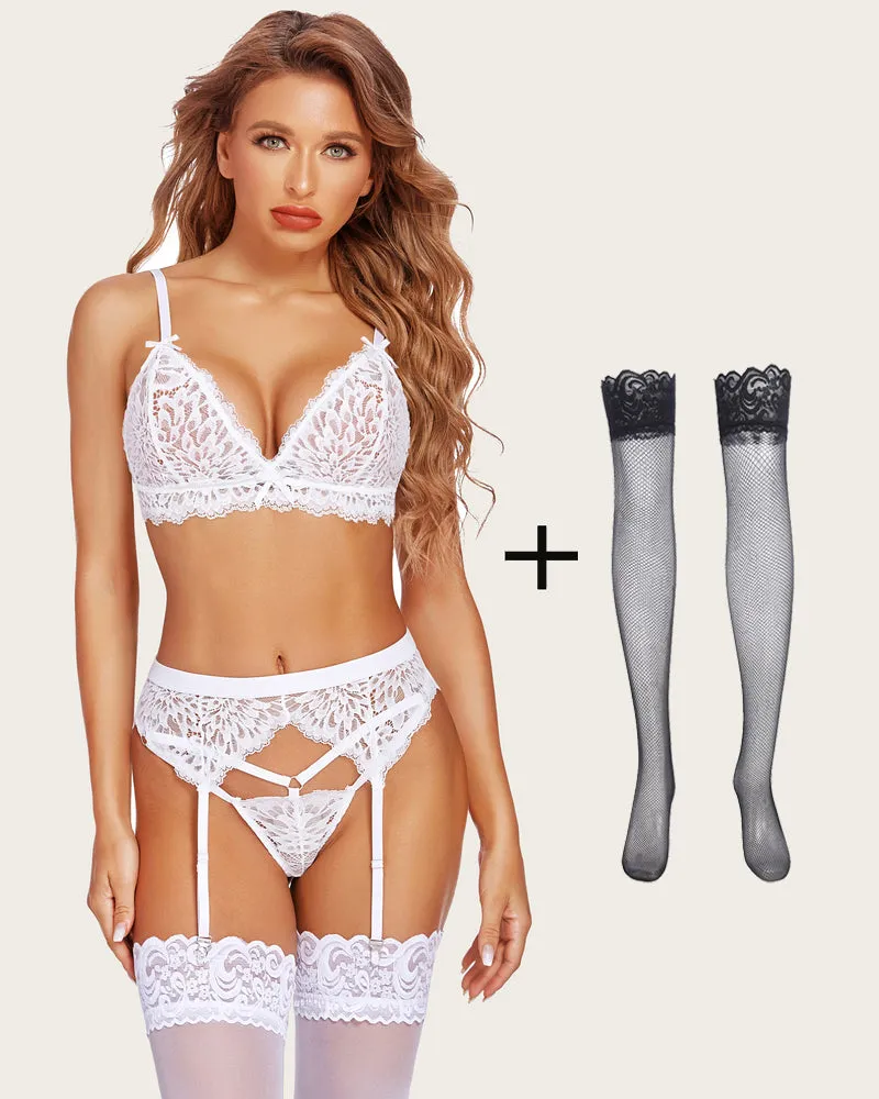 3 Piece Lace Leaves Bra and Panty Set with Garter Blet