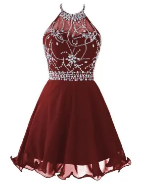 A Line Halter Neck Short Backless Burgundy Prom Dress, Backless Burgundy Homecoming Dress, Formal Dress, Graduation Dress