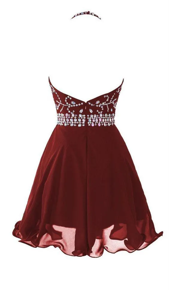 A Line Halter Neck Short Backless Burgundy Prom Dress, Backless Burgundy Homecoming Dress, Formal Dress, Graduation Dress