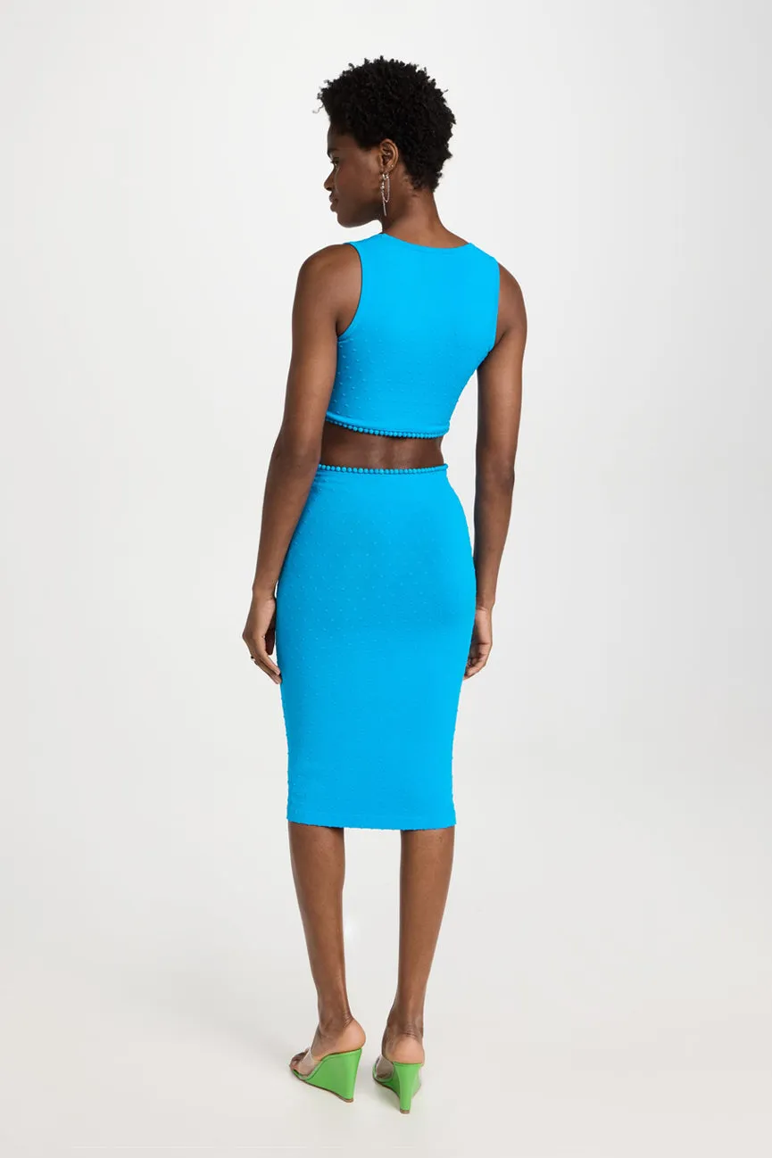 Aqua Cut Out Midi Dress Wood Beads Embellishment