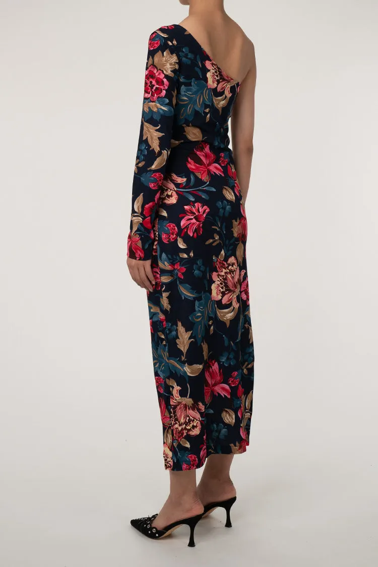 Asymmetrical One Shoulder Ruched Split Floral Print Cocktail Midi Dress