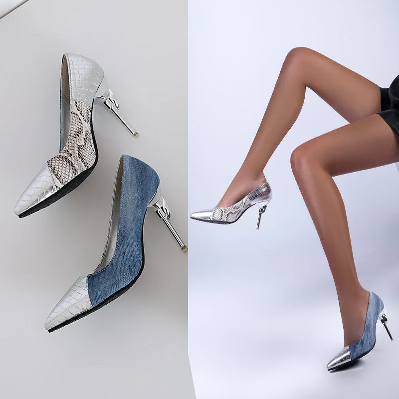 Bigsizeheels Sexy Stiletto Heel Pointed Toe Buckle Color Block Thin Shoes -Blue/Silver