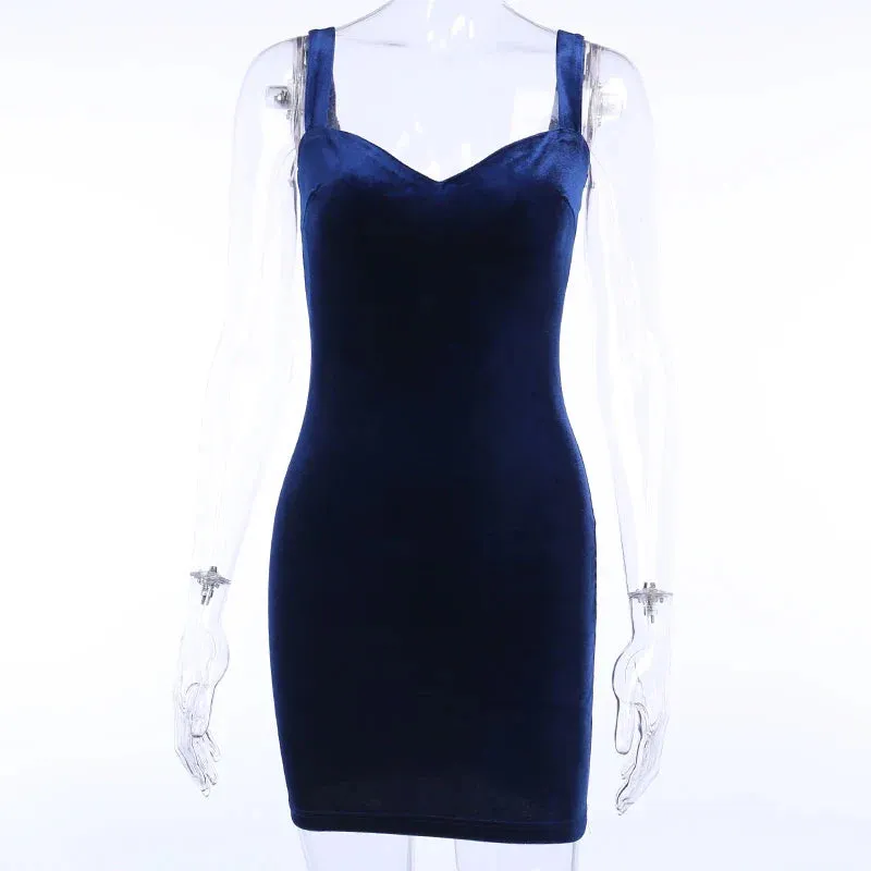 Blue V-Neck Spaghetti Strap Mini Sleeveless Bodycon Dress