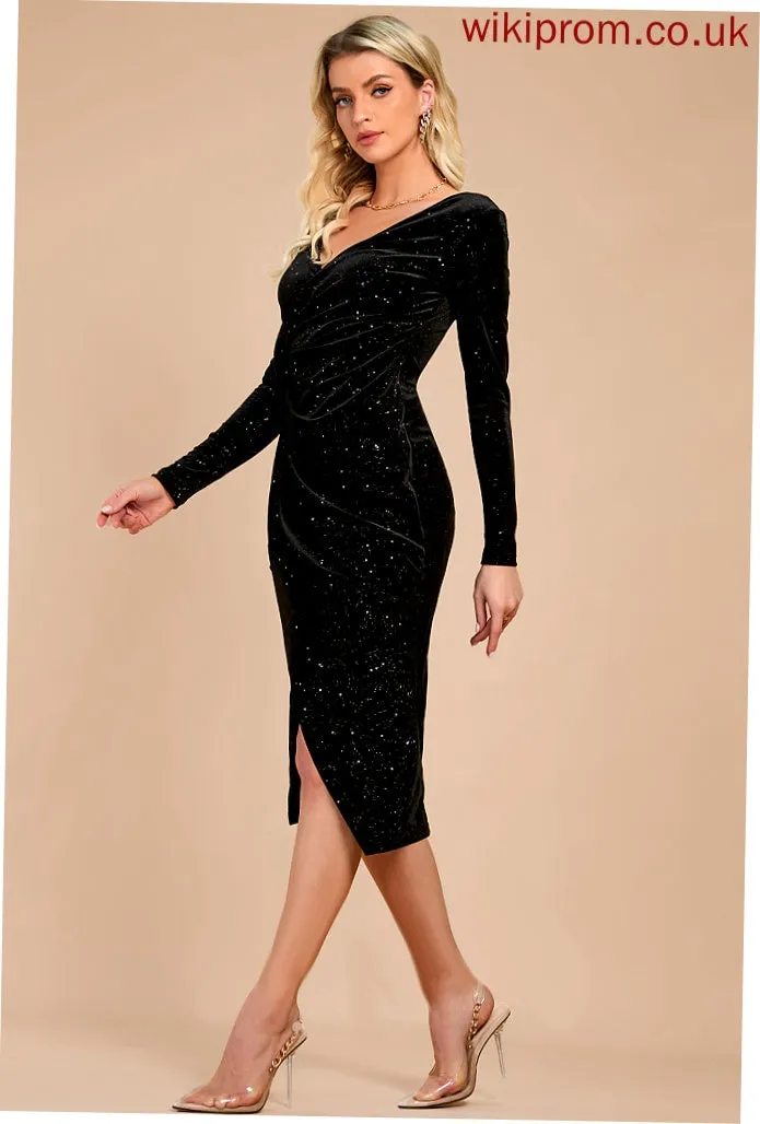 Bodycon Midi Front Split Sleeves Guadalupe V-Neck Long Sexy Dresses Velvet Club Dresses