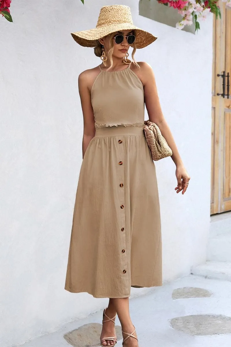 BUTTON DETAILED SKIRT WOMEN HALTER DRESS