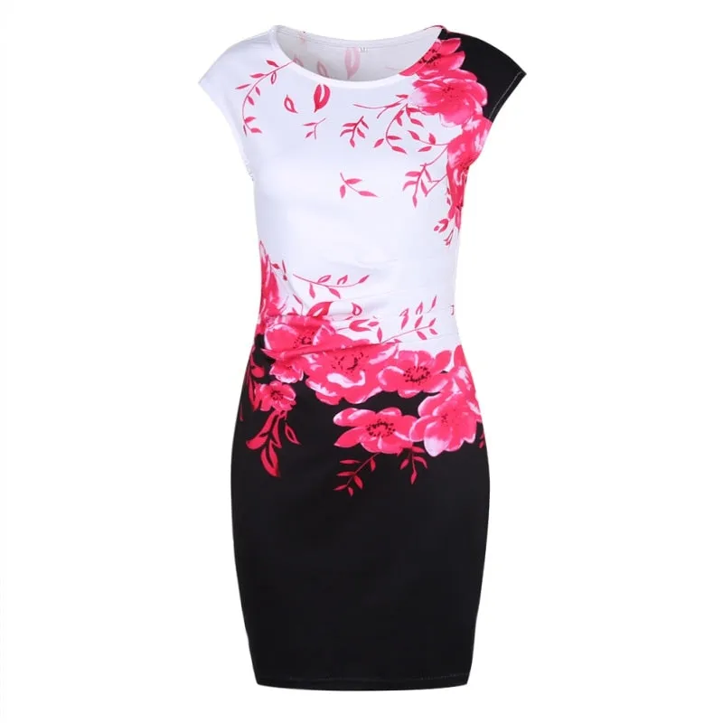 Casual Sleeveless O-Neck Print Slim Office Dress