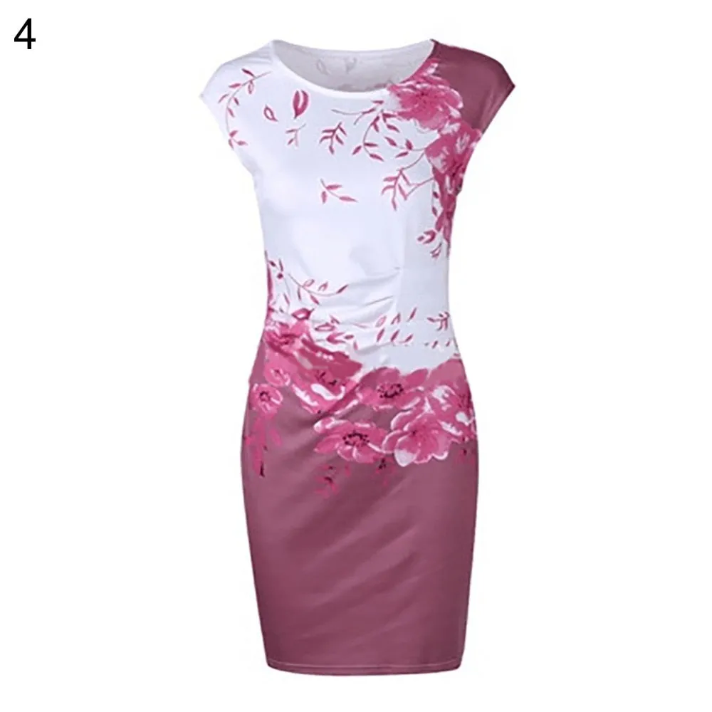 Casual Sleeveless O-Neck Print Slim Office Dress