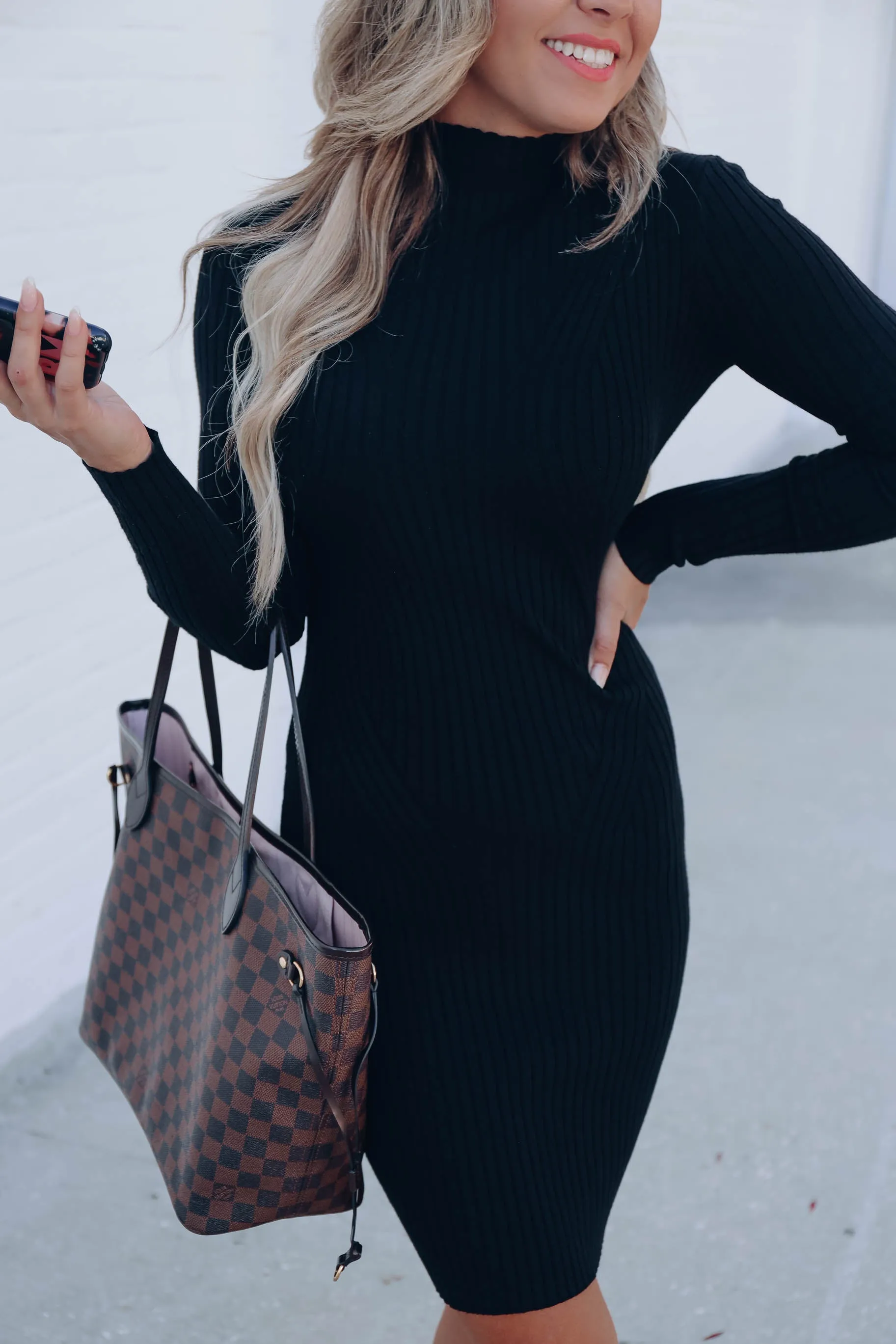 Crisp Fall Days Ribbed Dress - Black