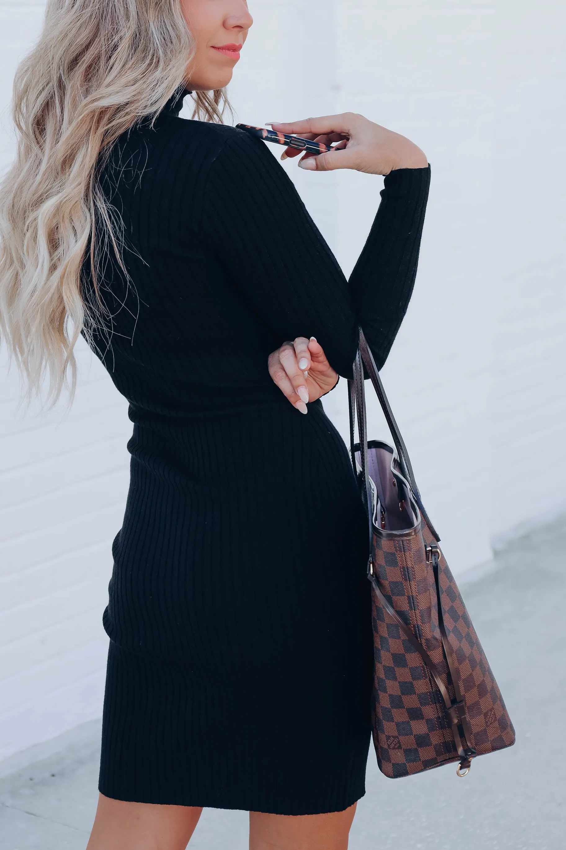 Crisp Fall Days Ribbed Dress - Black