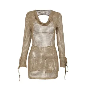 Crochet see through cowl neck long sleeve hollow out cut out mini dress