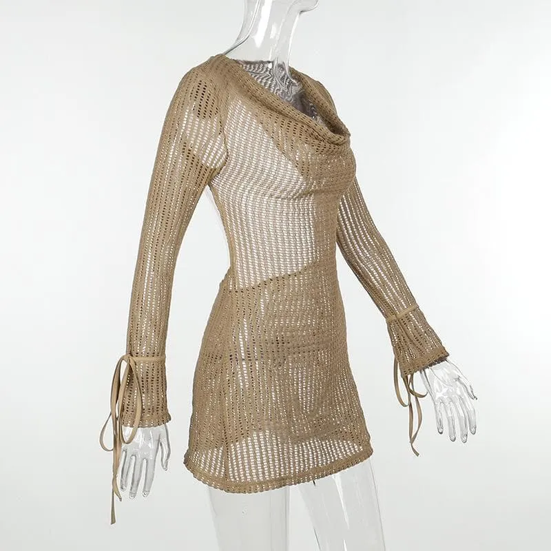 Crochet see through cowl neck long sleeve hollow out cut out mini dress