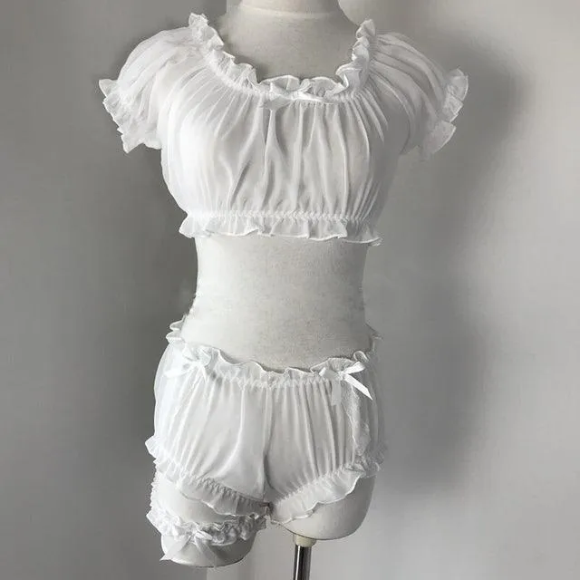 Cropped top Sheer Stars Ultra-thin Gauze Ruffles Off Shoulder Sleeve Cami Set