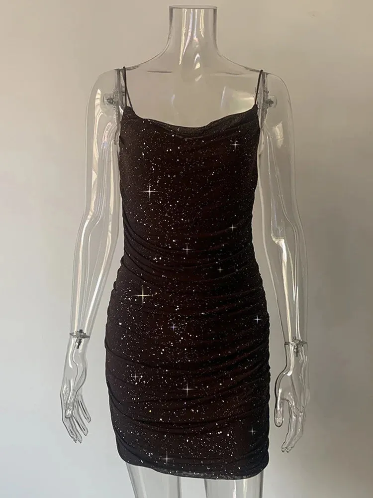 Diamonds Glitter Ruched Sexy Sparkle Mini Backless Bodycon Mesh Dress