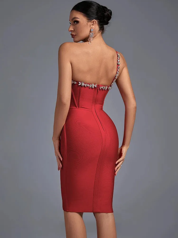 DressBetty - 2024 Crystal Red Halter Neck Midi Evening Party Bodycon Dress