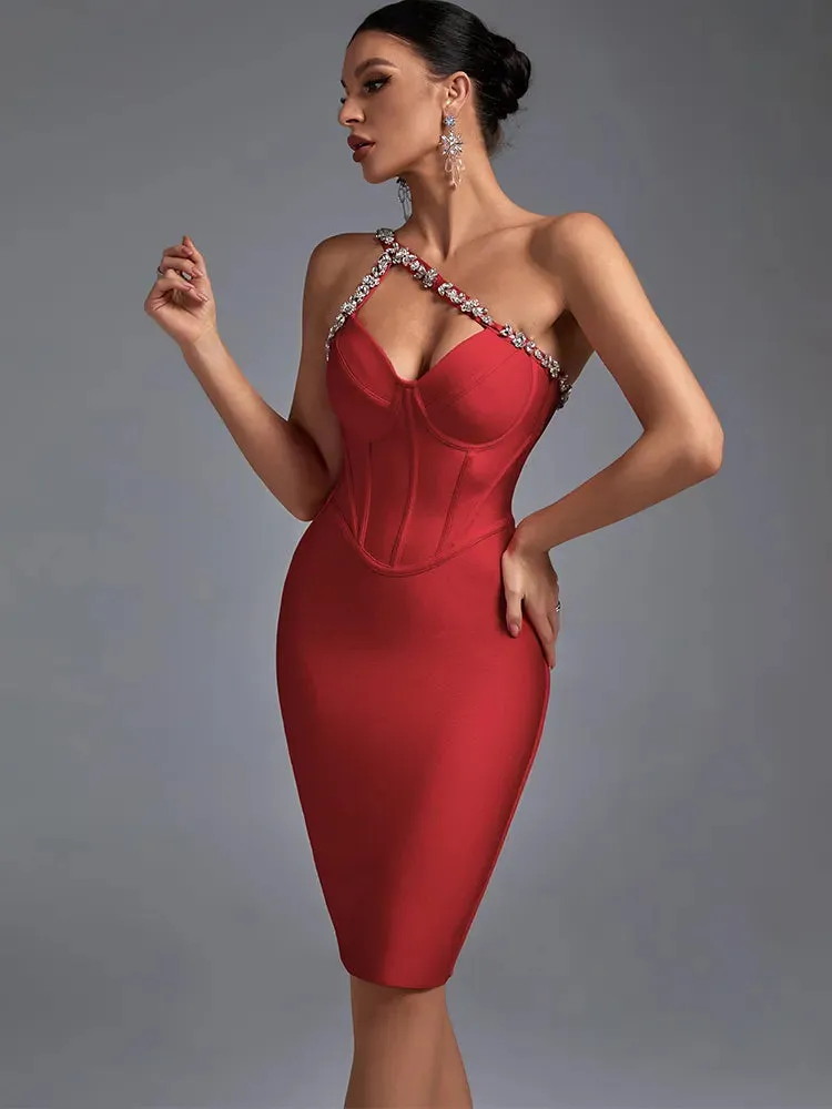 DressBetty - 2024 Crystal Red Halter Neck Midi Evening Party Bodycon Dress