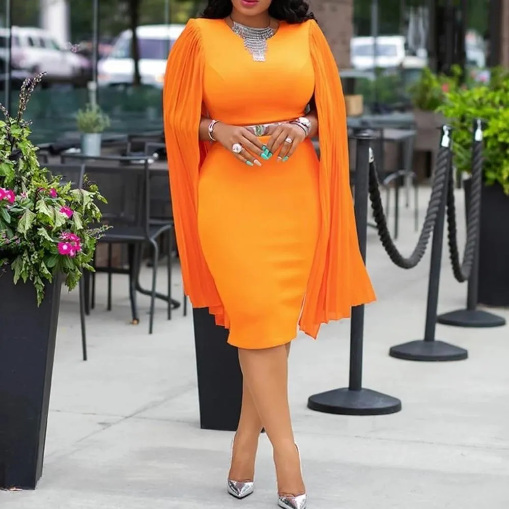 Evening Dinner Party Orange Long Sleeve Dress Autumn Fall Women Bodycon High Waist Plus Size 3XL Female Pencil Midi Dress