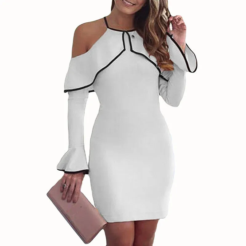 Fashion and elegant off-shoulder strap long-sleeved hip dress