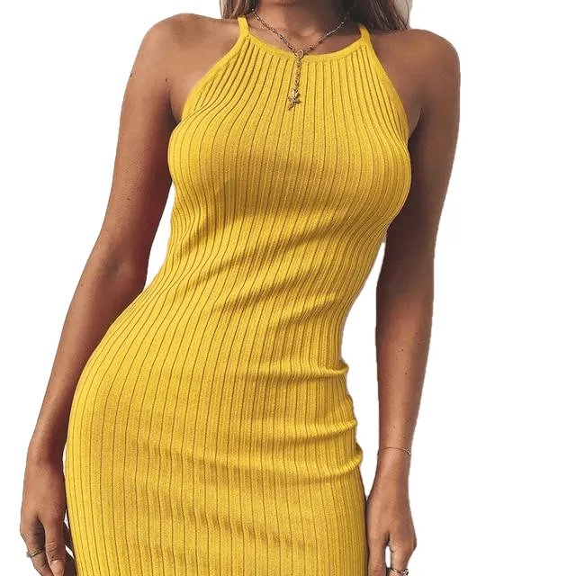 Female Solid Color Sexy Spaghetti Strap Stretchy Halter Dress For Club