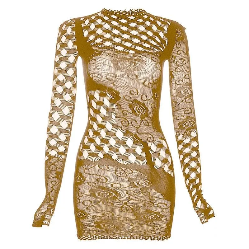 Fishnet long sleeve hollow out see through irregular cut out mini dress