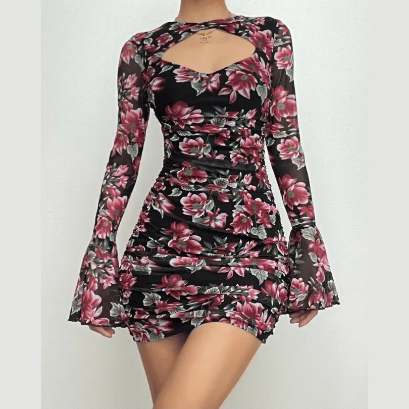 Flower print contrast hollow out long flared sleeve cut out mini dress