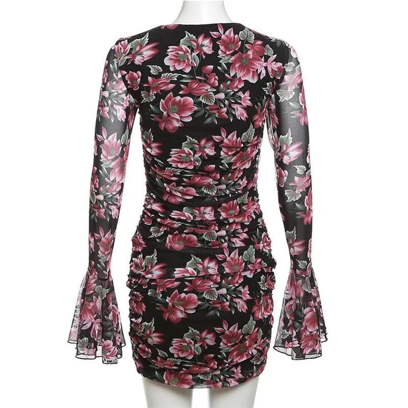 Flower print contrast hollow out long flared sleeve cut out mini dress