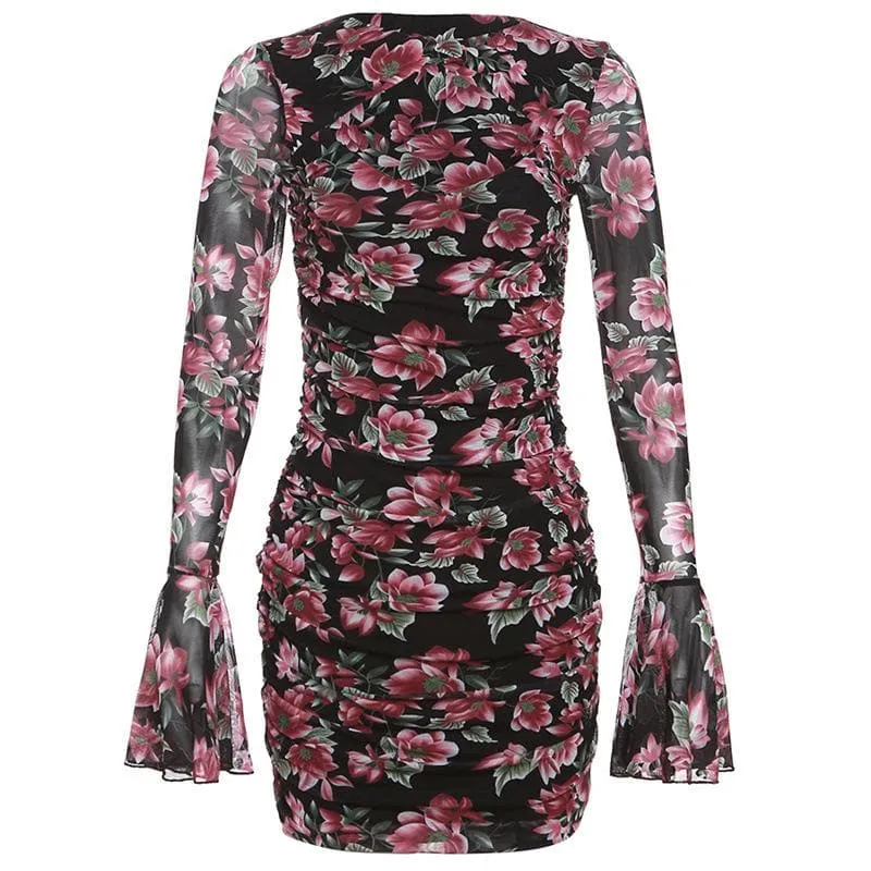 Flower print contrast hollow out long flared sleeve cut out mini dress