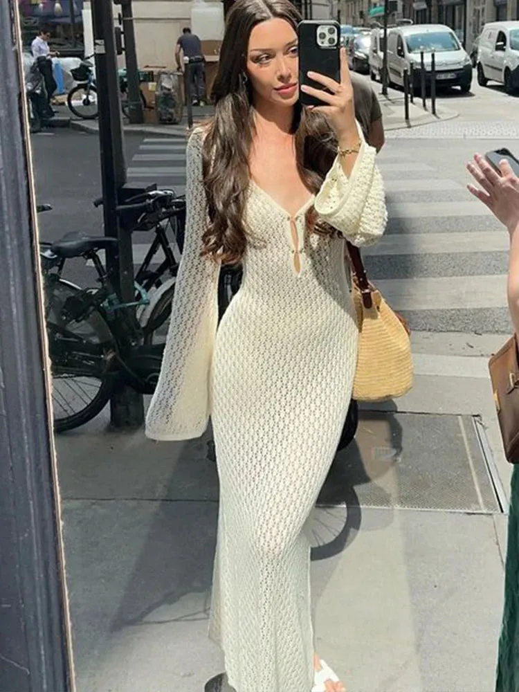 Girlary Crochet Backless Maxi Dresses Women Long Sleeve Sexy Beach Long Dresses Skinny V Neck Cut Out Sexy Party Dresses