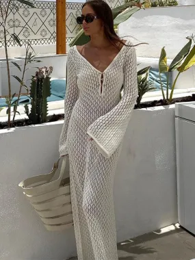 Girlary Crochet Backless Maxi Dresses Women Long Sleeve Sexy Beach Long Dresses Skinny V Neck Cut Out Sexy Party Dresses