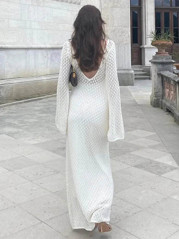 Girlary Crochet Backless Maxi Dresses Women Long Sleeve Sexy Beach Long Dresses Skinny V Neck Cut Out Sexy Party Dresses