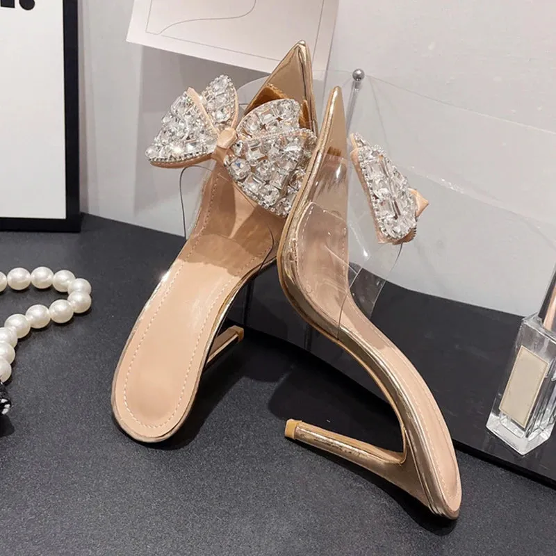 Hnzxzm Summer Golden Silver High Heels Slippers Sexy Street Woman Crystal Bowknot Pointed Toe Dress Shoes PVC Transparent Sandals