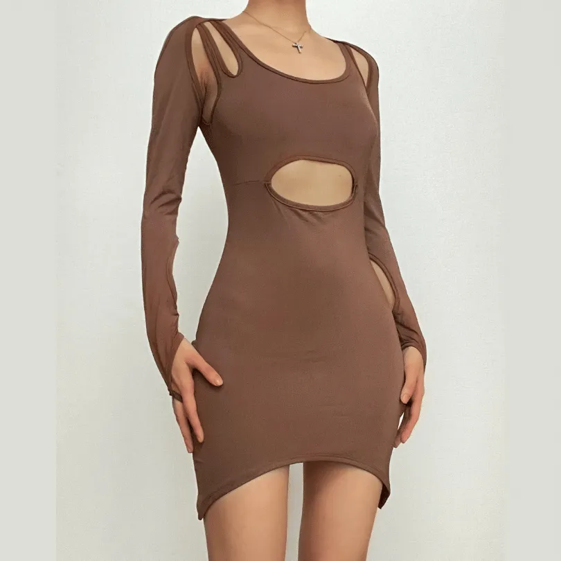 Hollow out irregular solid gloves backless cut out mini dress