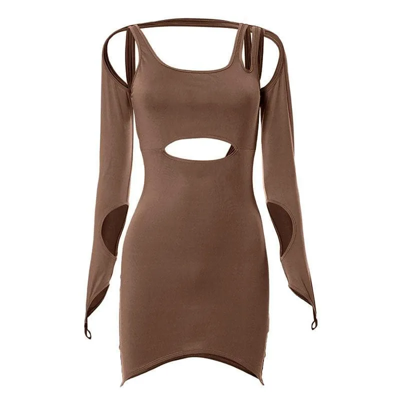 Hollow out irregular solid gloves backless cut out mini dress