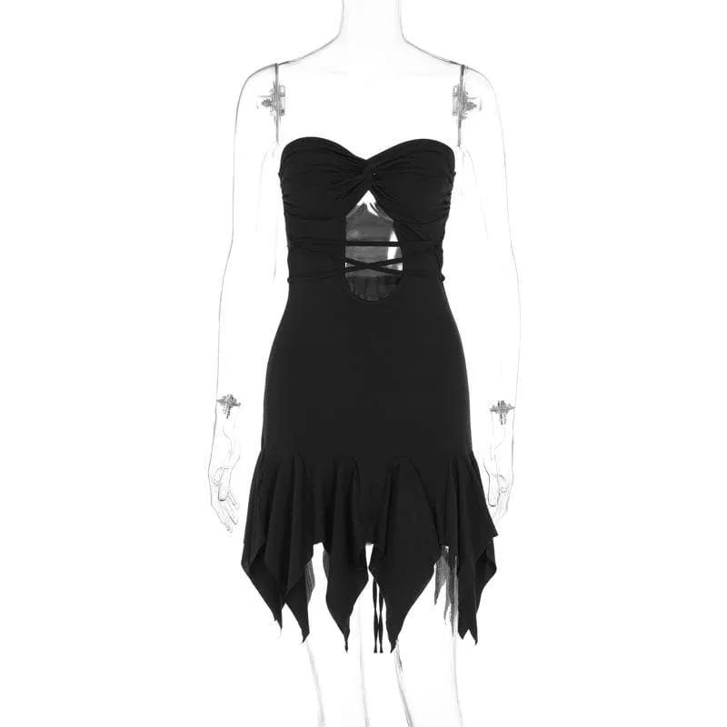 Hollow out ruffle solid knotted self tie irregular tube cut out mini dress