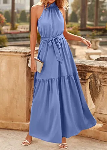 KIRUNDO 2023 Women Summer Sleeveless Halter Satin Maxi Dresses High Waist Elegant Wedding Party Cocktail Formal Prom Dress(Light Blue, X-Large)