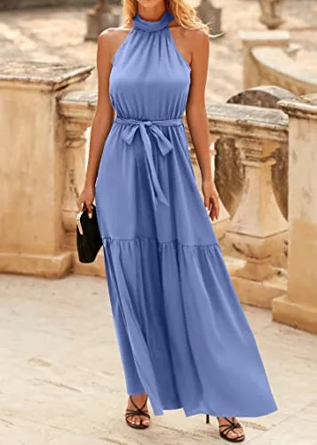 KIRUNDO 2023 Women Summer Sleeveless Halter Satin Maxi Dresses High Waist Elegant Wedding Party Cocktail Formal Prom Dress(Light Blue, X-Large)