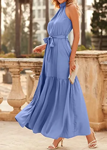 KIRUNDO 2023 Women Summer Sleeveless Halter Satin Maxi Dresses High Waist Elegant Wedding Party Cocktail Formal Prom Dress(Light Blue, X-Large)