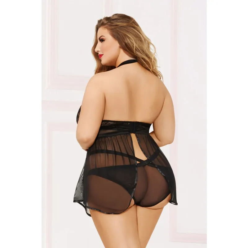 Lace Mesh Babydoll & Panty - 1x2x - Black