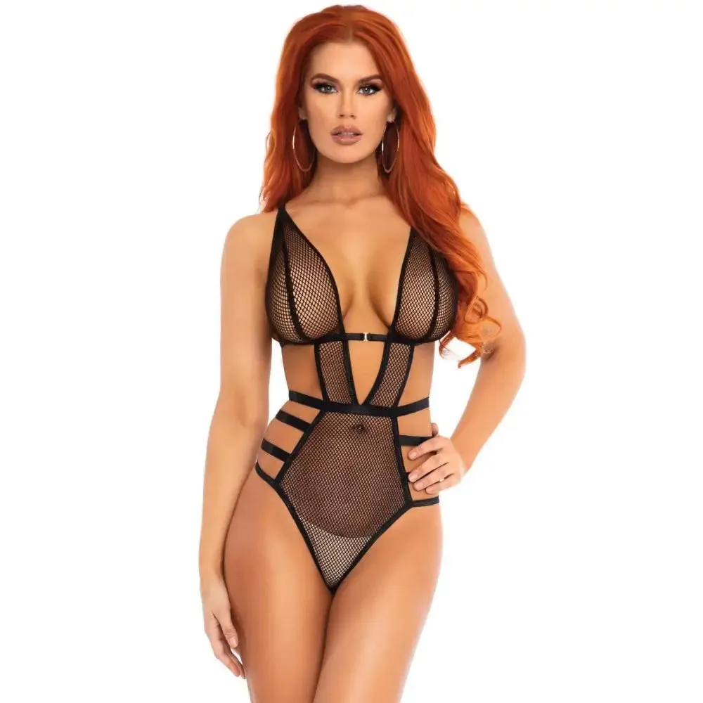 Leg Avenue Sexy Black Fishnet Strappy G-string Teddy