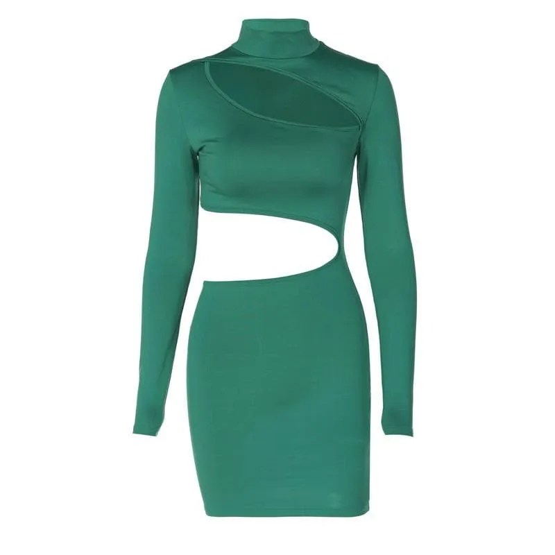 Long sleeve high neck hollow out irregular solid cut out mini dress