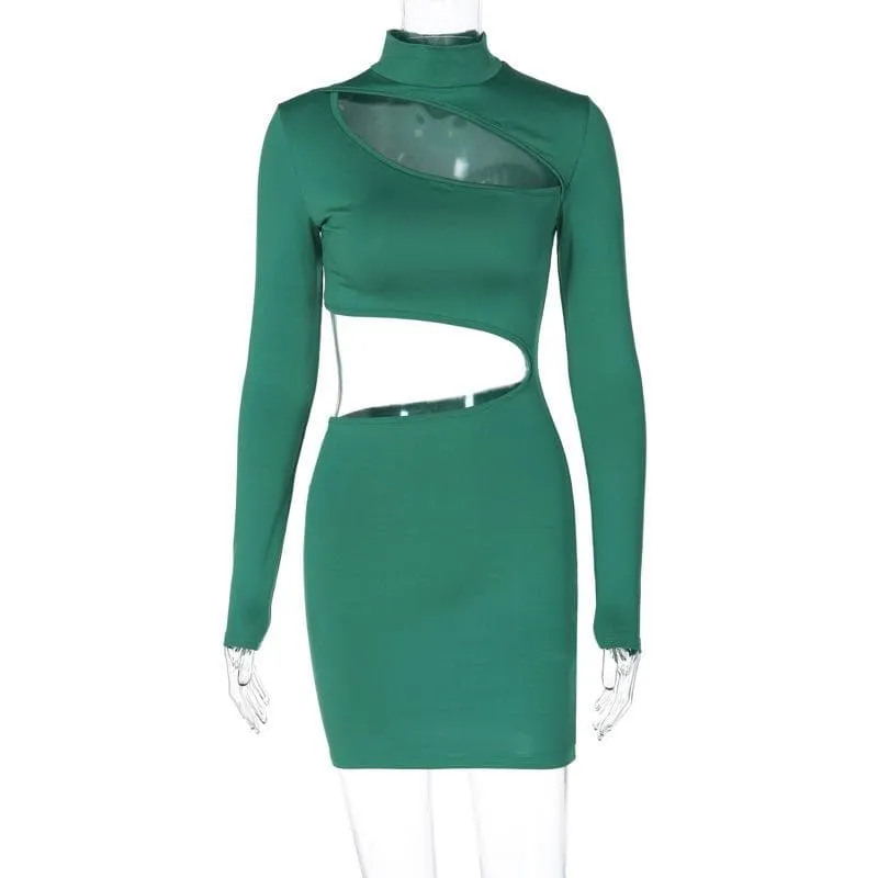 Long sleeve high neck hollow out irregular solid cut out mini dress