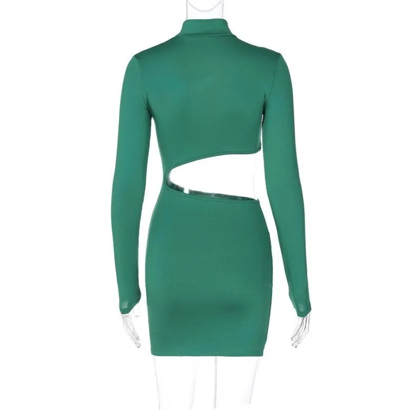 Long sleeve high neck hollow out irregular solid cut out mini dress