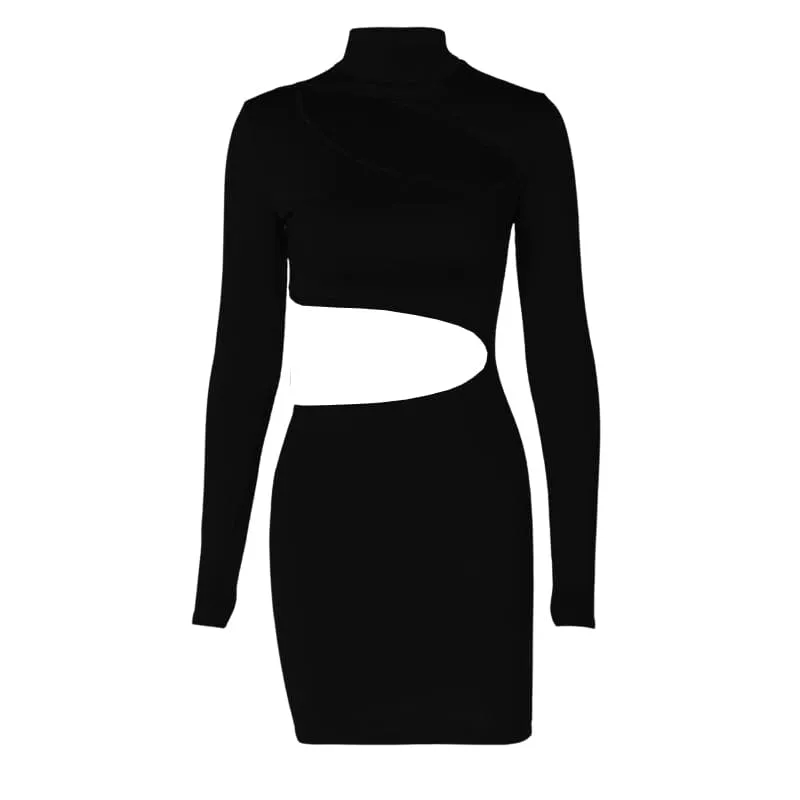 Long sleeve high neck hollow out irregular solid cut out mini dress