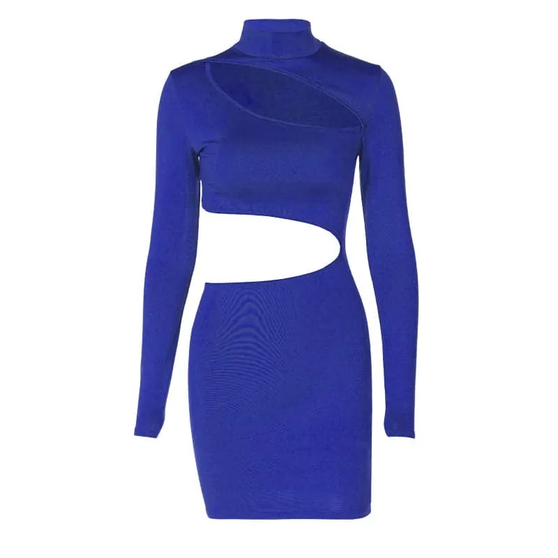 Long sleeve high neck hollow out irregular solid cut out mini dress