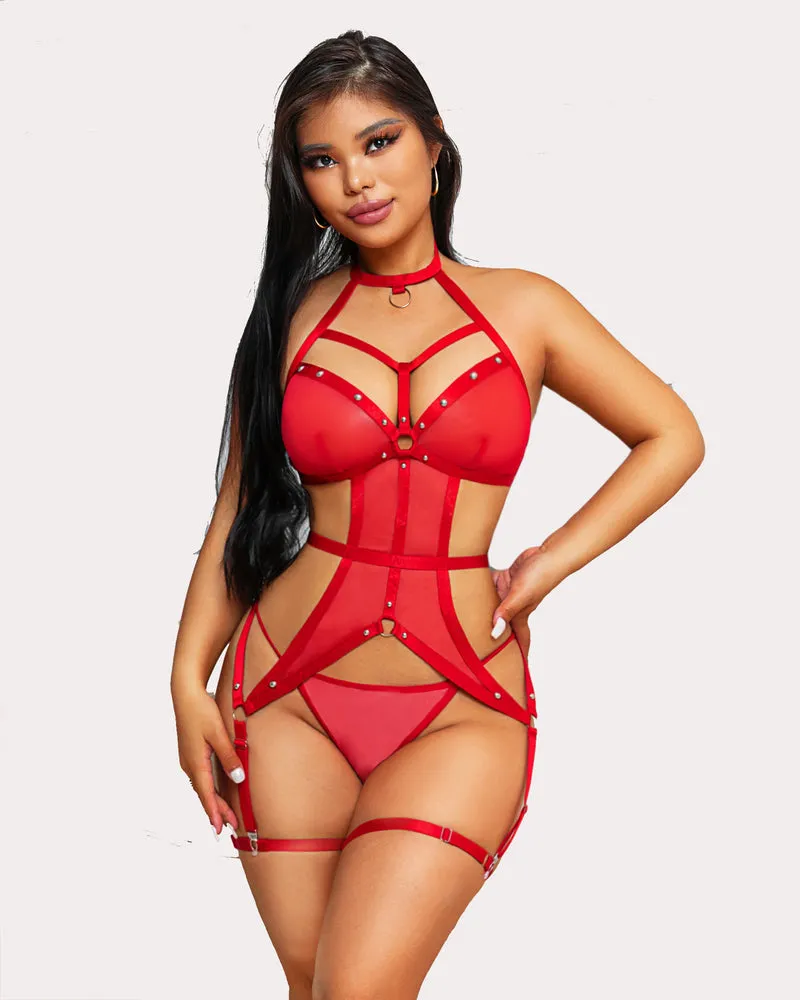 Mesh Cut Out Ring Linked Teddy with Garter Belt