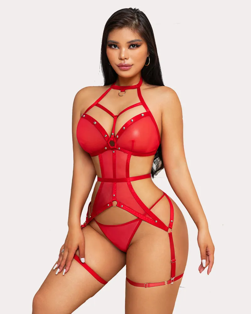 Mesh Cut Out Ring Linked Teddy with Garter Belt