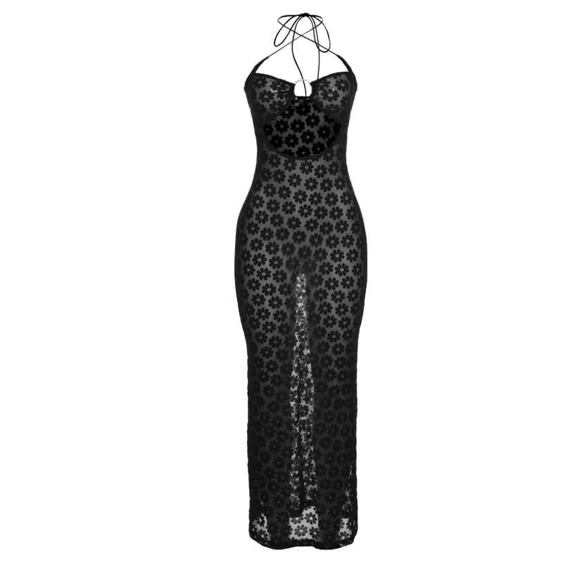 Mesh see through floral embroidery O ring hollow out halter cut out maxi dress