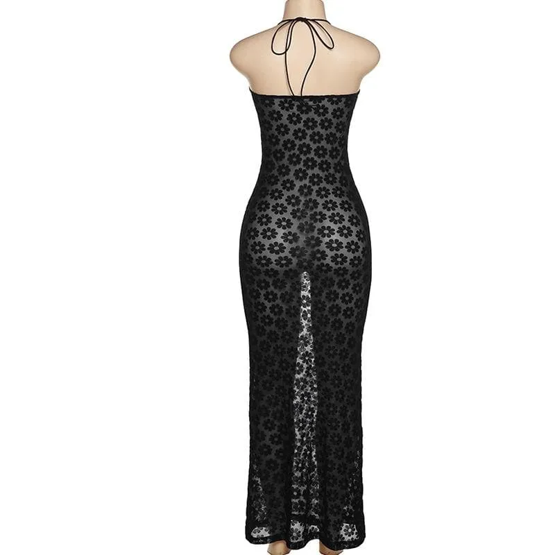 Mesh see through floral embroidery O ring hollow out halter cut out maxi dress