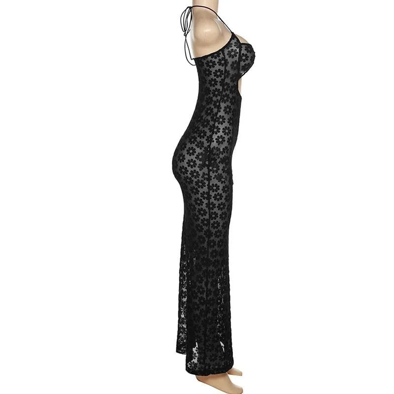 Mesh see through floral embroidery O ring hollow out halter cut out maxi dress